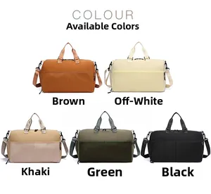 Detailed view of versatile travel bags in brown, off-white, khaki, green, and black colors