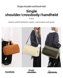 Detail of travel bag showing hand-held and single shoulder carrying styles in three colors