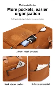 Detail view of multi-pocket travel bag featuring mesh pouches and back zipper pocket