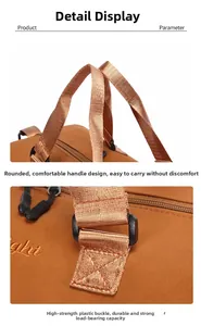 Detail view of durable woven handles and high-strength buckles on caramel travel bag