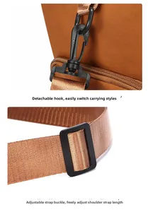 Detail of adjustable nylon shoulder strap and detachable plastic hook for travel bag