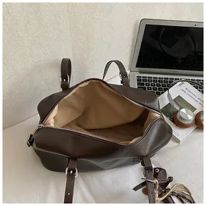 Large dark brown oil wax leather Boston handbag for women with adjustable straps