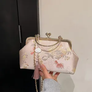 Chinese Style Embroidered Cheongsam Bag For Women Vintage Floral Satin Evening Bag With Chain Strap And Metal Handle