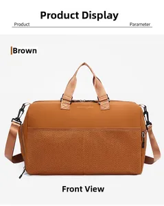 Detail view of brown travel bag featuring mesh pocket and sunlight embroidery on nylon fabric