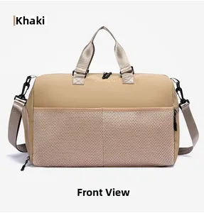 Front detail of khaki canvas travel bag with mesh pocket and Sunlight logo