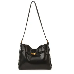 Sac fourre-tout vintage en cuir noir avec fermoir doré et bandoulière réglable