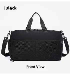 Detailed front view of black travel bag showing mesh pockets and durable nylon fabric