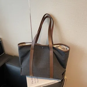Large Capacity Canvas Tote Bag Retro Women Handbag Contrast Color Synthetic Leather Trim Shoulder Bag Daily Commute Shopping Bag