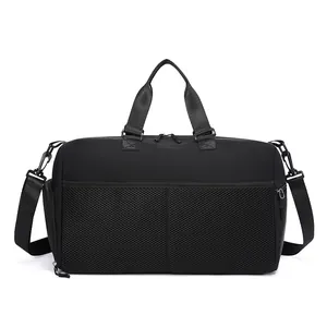Multifunctional black travel bag with mesh pockets and adjustable shoulder strap
