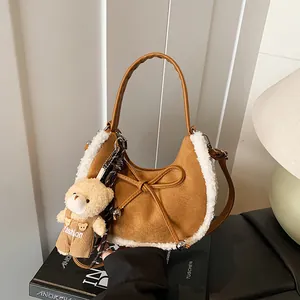 Vintage Women's Crescent Hobo Bag Faux Suede Contrast Plush Fleece Trim Shoulder Bag With Bowknot Teddy Bear Pendant Small Tote