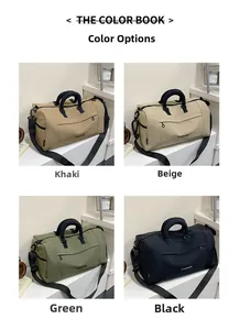 Collage showing khaki, beige, green, and black nylon travel bags with durable handles