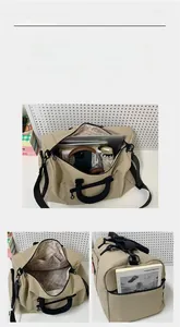 Detail view of khaki nylon travel bag interior pockets showing high storage capacity
