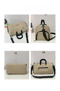 Multi-angle views of khaki oxford fitness bag showing front, side, bottom and back details