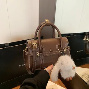 Women Contrast Stitching PU Leather Crossbody Bag Fashion Small Square Tote Shoulder Bag With Plush Rabbit Charm For Daily