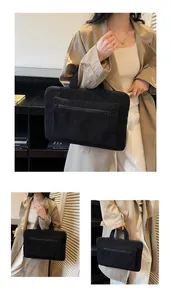 Détail du sac à main noir en velours côtelé pour ordinateur avec poche zippée externe