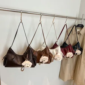 Vintage large capacity shoulder bags in five colors with cute puppy plush pendants