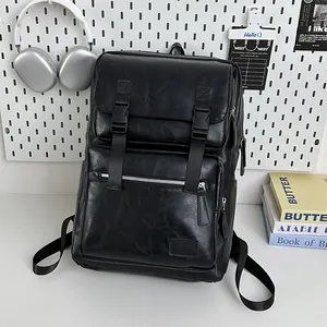 Sac à dos vintage en cuir PU noir avec boucle magnétique et poches de rangement pour voyage