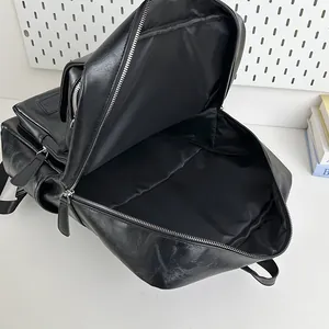 Sac à dos noir en cuir PU à grande capacité avec compartiment principal pour voyage et école