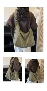 Detailed views of olive green nylon tote bag featuring ruched strap and metal logo