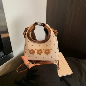 Dames Mini Canvas Crossbodytas Met Stippen En 3D Bloemen Retro Kleine Vierkante Handtas PU Leren Afwerking Zoete Schoudertas