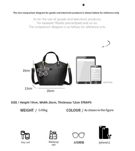 Size chart showing black leather bucket bag dimensions and capacity for iPad and phone