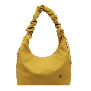 Chic mustard yellow pleated tote bag with drawstring detail for women's daily commute