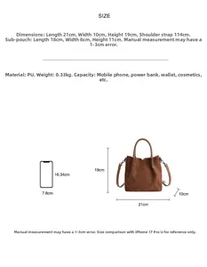 Tableau détaillé des tailles du sac à main en daim 21x10x19cm avec comparatif de taille