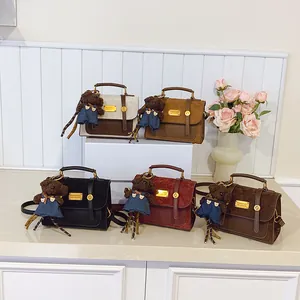 Vintage college style patchwork backpacks in five colors with cute bear charm pendants