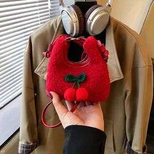 Damen Kinder Mini Plüsch Umhängetasche Süß Kawaii Fleece Kirschmuster Handtasche Kleine Schultertasche Für Tägliche Lässige Wintermode