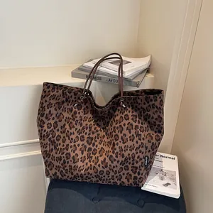 Leopard Print Large Capacity Tote Bag Women Vintage Suede Shoulder Bag Fashion Casual Travel Commuting Handbag