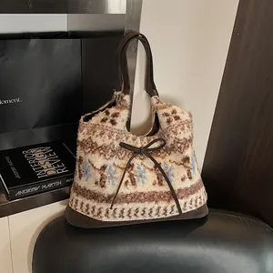 Borsa Tote in Peluche Vintage da Donna con Motivo a Fiocchi di Neve Grande Capacità Borsa a Spalla Pendolare Ufficio Scuola Caffè