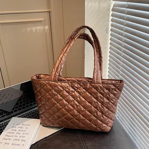 Large Capacity Quilted Tote Bag Glossy Nylon Puffer Shoulder Bag Diamond Pattern Women Fashion Handbag Commuter Bag