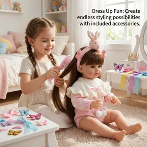 55cm lifelike reborn doll wearing pink knit dress and rabbit headband with hair accessories