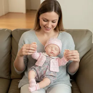 Lifelike 12-inch sleeping reborn baby doll in pink knit cardigan and white polka dot hat