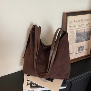 Retro Suede Shoulder Bag For Women Large Capacity Frosted Leather Hobo Tote Bag Vintage Simple Commuting Bucket Bag