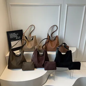 Minimalist faux suede large tote bag set in five colors with matching zipper pouch