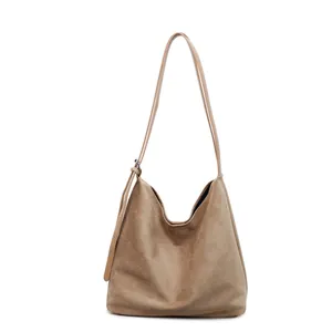 Minimalist khaki faux suede hobo shoulder bag with large capacity and long straps
