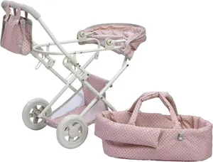 Dettaglio del set passeggino giocattolo con tessuto rosa a pois, telaio pieghevole e culla