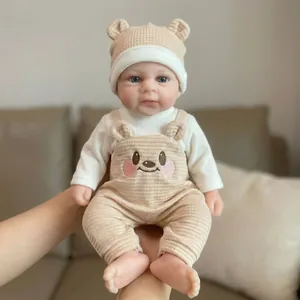 Full Body Solid Silicone Reborn Baby Doll With Bear Overalls Outfit Realistic Soft Newborn Washable Simulation Toy For Kids