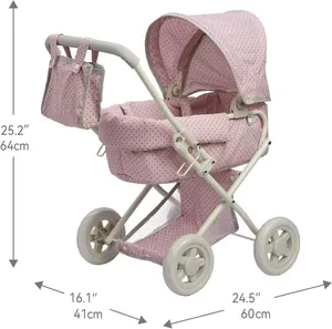 Dimensioni del passeggino per bambole a pois rosa con capottina e borsa abbinata