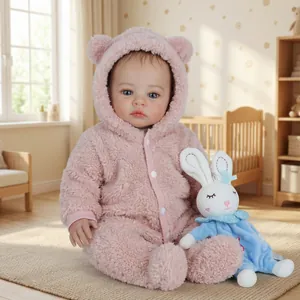 Realistic Reborn Baby Doll Lifelike Vinyl Sleeping Baby Doll With Pink Bear Jumpsuit Bunny Toy For Kids Gift