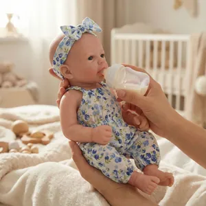 Realistic 12 inch newborn baby doll in blue floral romper with matching headband