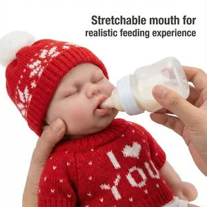 12-inch lifelike silicone baby doll in red sweater with stretchable mouth for feeding