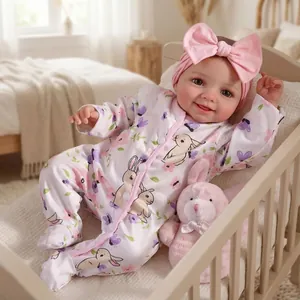 Realistic Reborn Baby Doll Soft Vinyl Cloth Body Handmade Painted Hair With Floral Romper Bunny Toy Set For Kids Gift