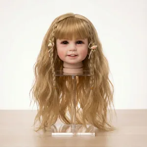 22 inch blonde curly doll wig with bangs and pink flower accessories on a doll head