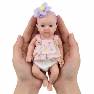 Mini Solid Silicone Reborn Baby Doll Soft Squishy Elf Simulation Doll With Pink Floral Dress And Flower Headband