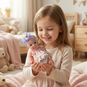 8-inch mini soft silicone reborn baby doll with purple floral headband and pink dress