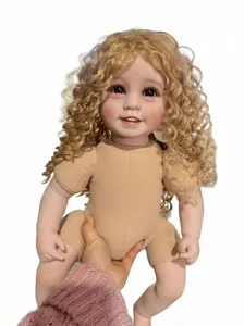 Detailed close-up of a realistic reborn doll with blonde curls and visible tiny teeth