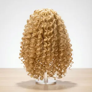Light blonde curly wig for 20-22 inch reborn dolls on a transparent display stand