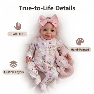 Lifelike 17-inch reborn baby doll in floral bunny romper with pink plush rattle toy